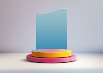 modern pink yellow blue 3d product display mockup sleek podium showcase vibrant translucent background minimalist aesthetic