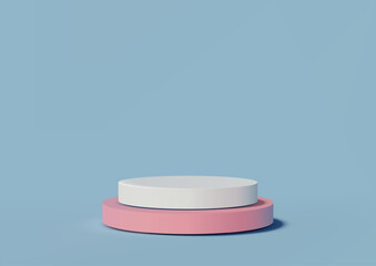3d product display mockup on white cylindrical podium with pink base and blue background minimal showcase concept