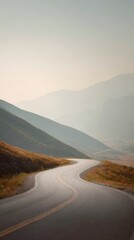 Serene winding highway through muted mountain valley landscape with soft earth tones and zen ambiance symbolizing strategic business journey and mindful success