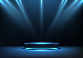 futuristic blue glowing podium with spotlight beams technology display modern sleek sci fi cyber showcase exhibition mockup