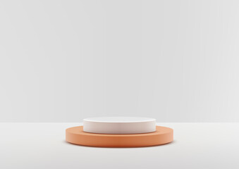 minimalist white cylindrical podium on orange base, clean product display mockup on light gray background, modern showcase stand