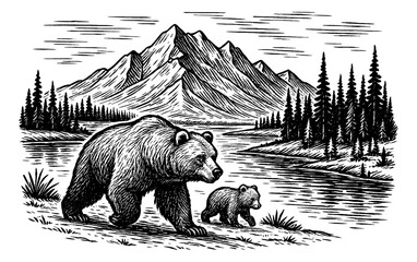 Engraved Illustration of a Mother Bear and Cub Walking Near a River with Mountains