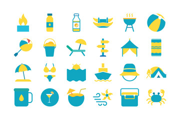 Summer Beach Vacation Icons in Blue and Yellow