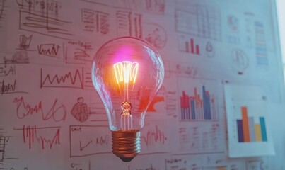 Illuminated lightbulb amidst business charts and sketches on a white wall
