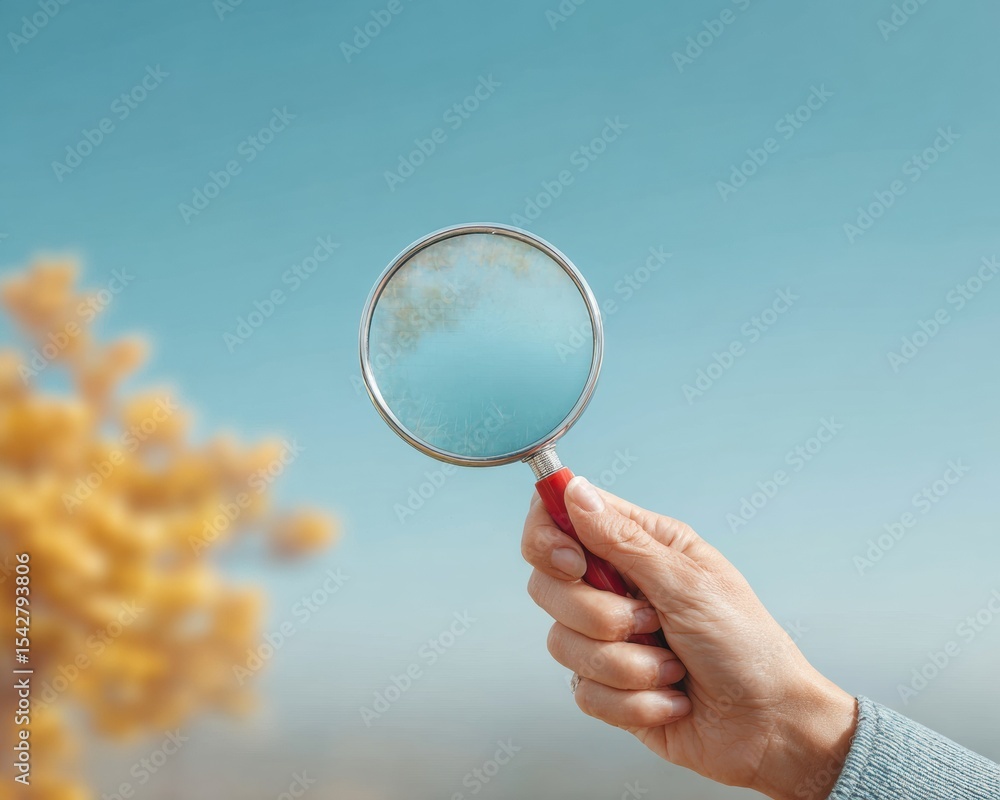 Poster environmental monitoring concept with hand holding magnifying glass examining air quality meter in n