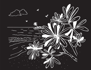 seascape beach with tropical tree on black background chalk white line vector sketch