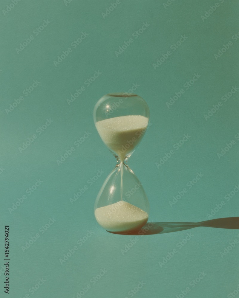 Aufkleber minimalist hourglass with flowing sand on teal background for time management and productivity in mo