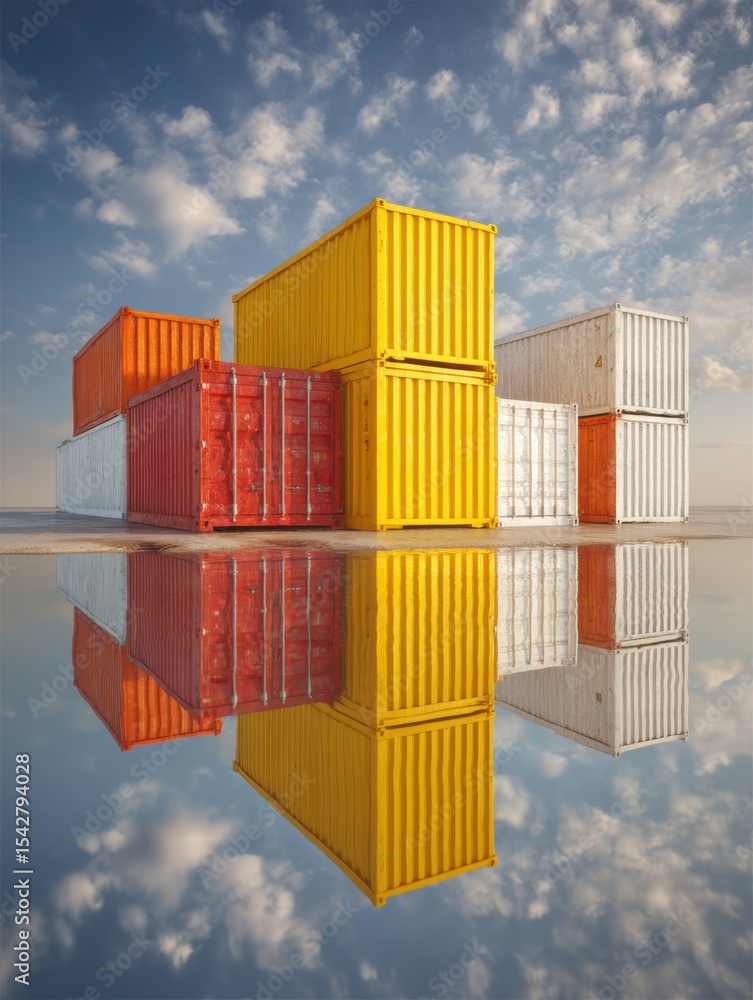Poster stacked cargo shipping containers with vibrant colors and dramatic sky reflection symbolizing global