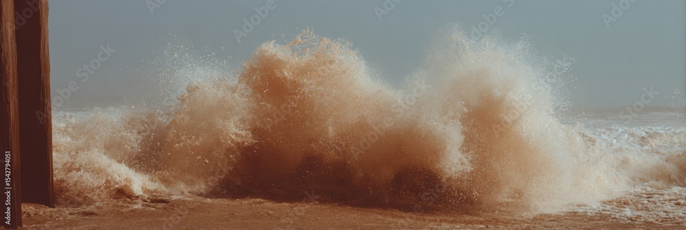 Poster storm surge power violent waves crashing over wooden pier highlight coastal flooding risks and infra