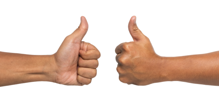front and back side of male hand of thumb up sign gesture isolated on white background. transparent png
