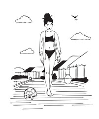 sketch of summer landscape girl in swimsuit vector hand drawing. asian girl at resort vector sketch