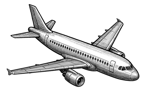 Fototapeta Detailed Monochrome Drawing of a Passenger Airplane Flying in the Air with Crosshatch Shading