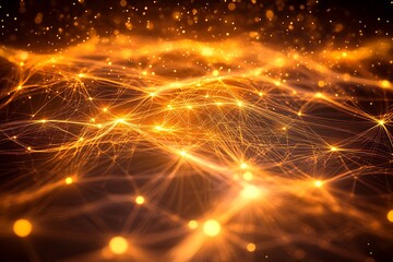 Abstract network connection lines and dots with golden light, technology background illustration