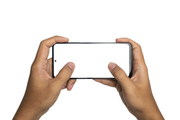 male hand holding smartphone horizontally with blank screen smartphone. gesturing play games on smartphone. isolated on white background. copy space. transparent png