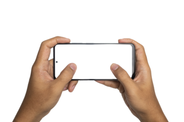 male hand holding smartphone horizontally with blank screen smartphone. gesturing play games on smartphone. isolated on white background. copy space. transparent png