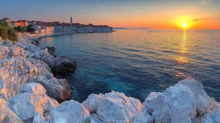 Coastal town at sunset, rocks, Adriatic Sea, vibrant sky