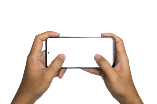 male hand holding smartphone horizontally with blank screen smartphone. gesturing play games on smartphone. isolated on white background. copy space. transparent png