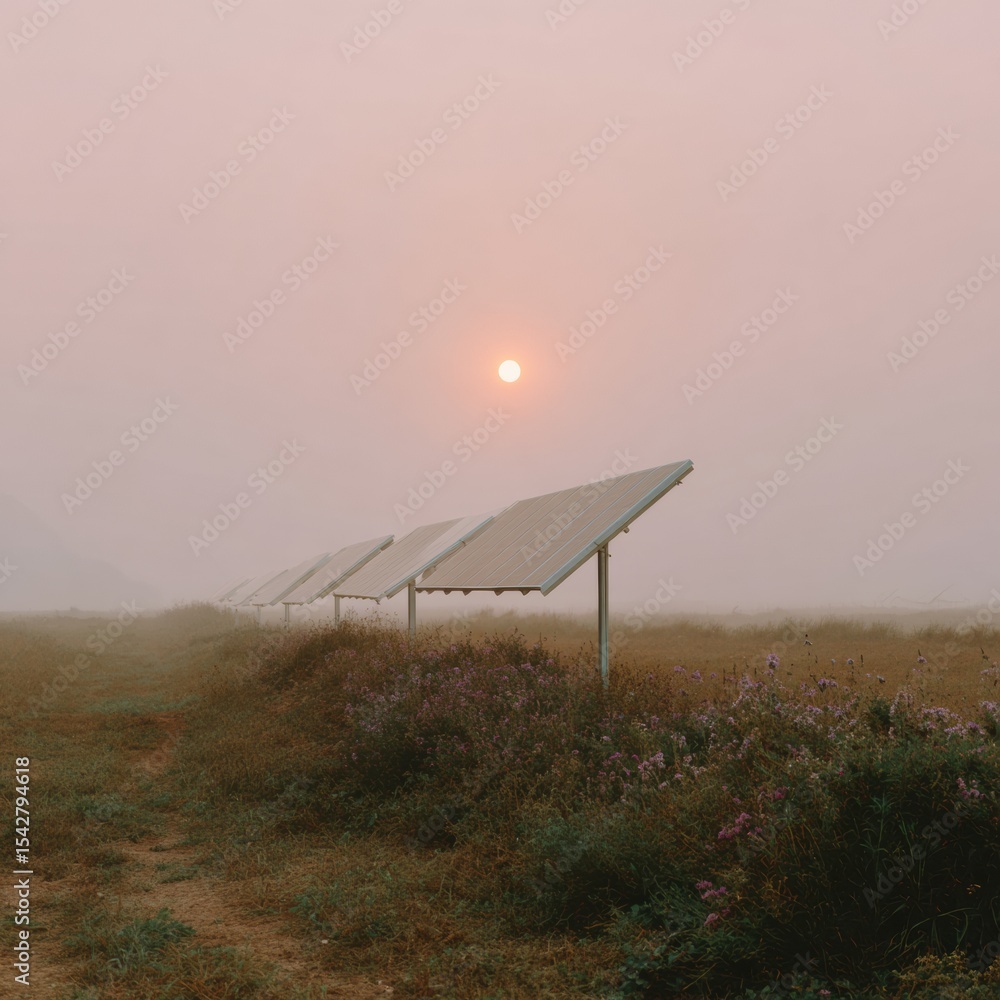 Poster solar panel installation in open field with soft pastel lighting and organic textures symbolizing re