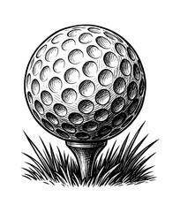 Close up of Golf Ball on Tee in Grass Black and White Engraving Style Vector Illustration