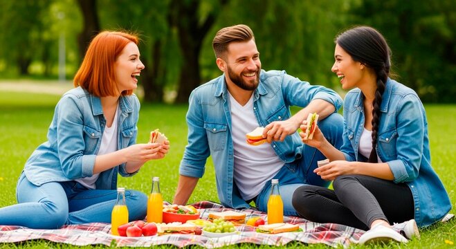 Three friends enjoying a picnic on a blanket in a park with sandwiches and drinks on a sunny day outside