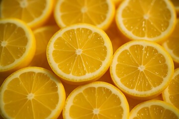 Obraz premium Vibrant Yellow Lemon Slices A Close-Up Macro Photography of Refreshing Citrus Fruits, Perfect for Food Blogs, Recipes, and Health Websites