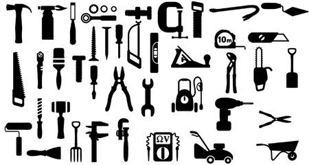Tools Silhouette Collection: DIY, Construction, Gardening, and Workshop Equipment Icons