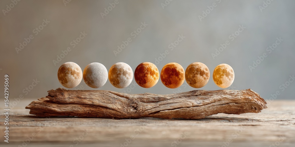 Poster Modern Lunar Cycle Display on Rustic Driftwood with Seven Moon Phases Showcasing Celestial Progression and Natural Time Passage for Astronomy Education