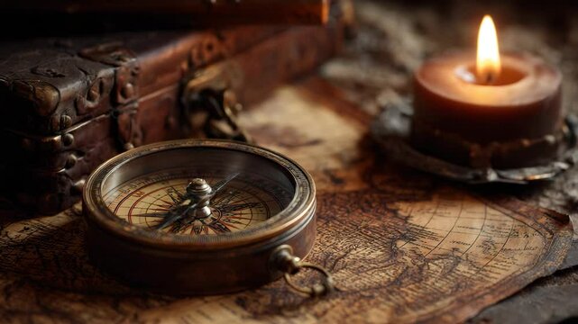 Antique brass compass rests on aged map beside lit candle and leather box, creating a warm, dimly lit scene.