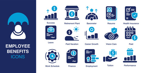 Employee Benefits icon set. Containing Resume, Paid Vacation, Career Growth, Vision Care, Finance, and Performance. Solid vector icons collection. Vector illustration.