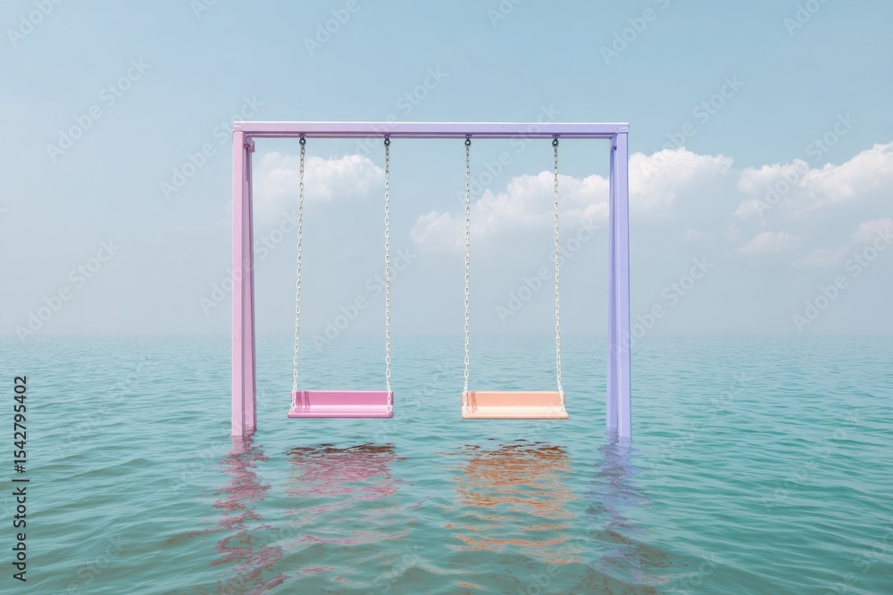 Aufkleber climate change impact colorful childrens swing set partially submerged in rising sea level water, sy