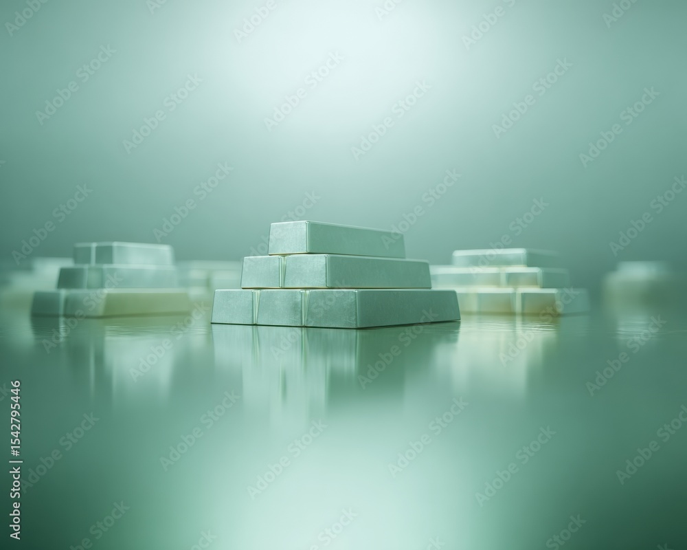 Poster Reflective Arrangement of Standardized Precious Metal Ingots with Certification Marks for Secure Wealth Storage and Investment Marketing