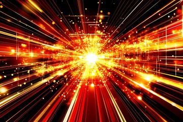 Abstract light speed background with gold glowing particles and rays, futuristic backdrop