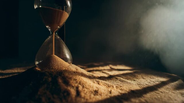 Close up view of an hourglass resting on a pile of sand, illuminated by a dramatic light source creating shadows and a hazy atmosphere. The sand is a light beige, contrasting with the dark background.