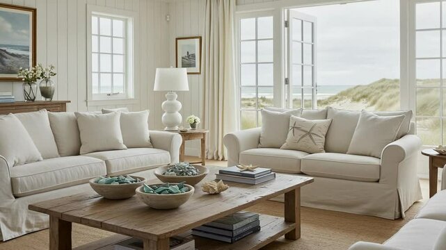 Cozy beachside living room with ocean view and decor (1)