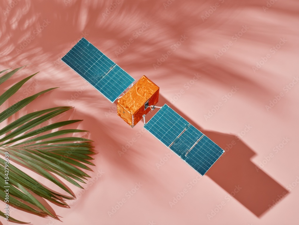 Poster modern remote sensing satellite with extended solar panels on minimalist pink background for space i