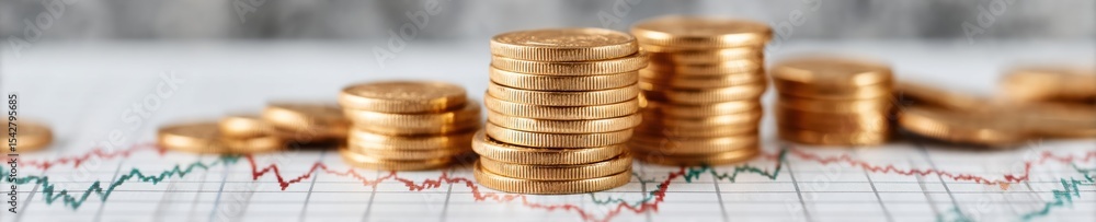 Poster stacked gold coins on grid surface with market graph background representing portfolio hedge, wealth