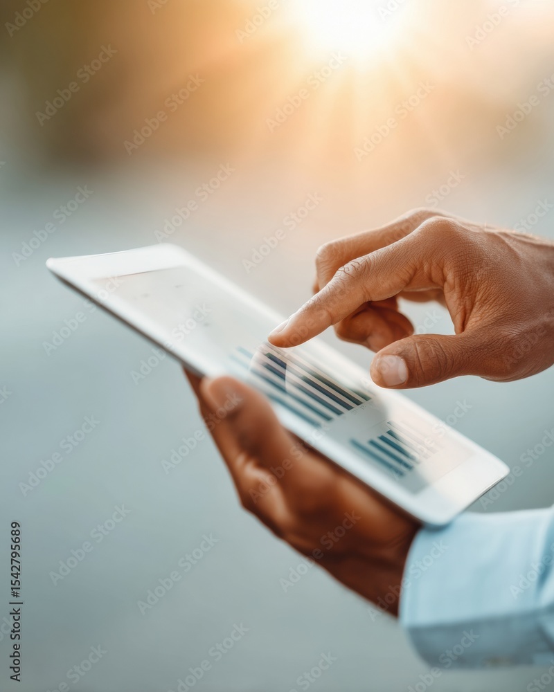 Poster tech-savvy businessman analyzing financial data on tablet with digital growth charts, modern portfol