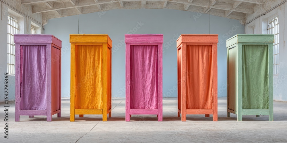 Poster Dynamic Vibrant Voting Booths in Spacious Polling Station with Geometric Faceted Textures and Triadic Palette for Modern Election Coverage