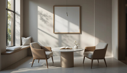 Fototapeta premium Modern interior design of living room with kitchen and dining room. Luxurious apartment background with contemporary design. Wall mock up. 3D render, Frame mockup, ISO A paper size