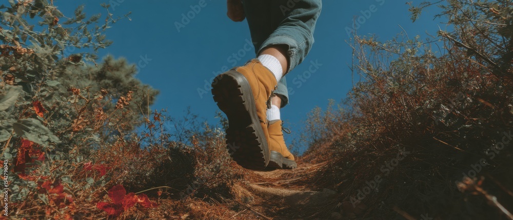 Poster mindful walking hiker boot mid-step on leaf-covered forest trail highlighting textured sole for outd