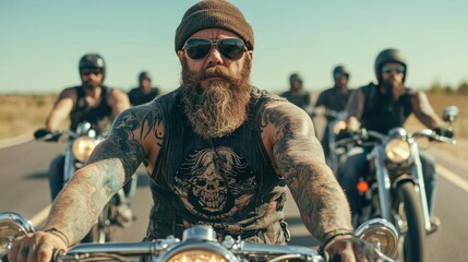 Tattooed biker gang riding down open highway