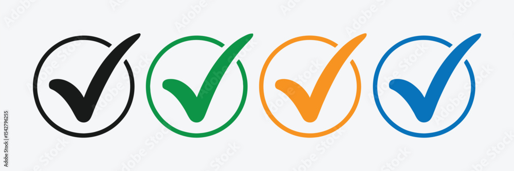 Poster four colorful check marks in circles approval icons for web and print
