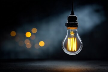 Glowing Vintage Edison Bulb Hanging in Dark Room with Warm Bokeh Light.
