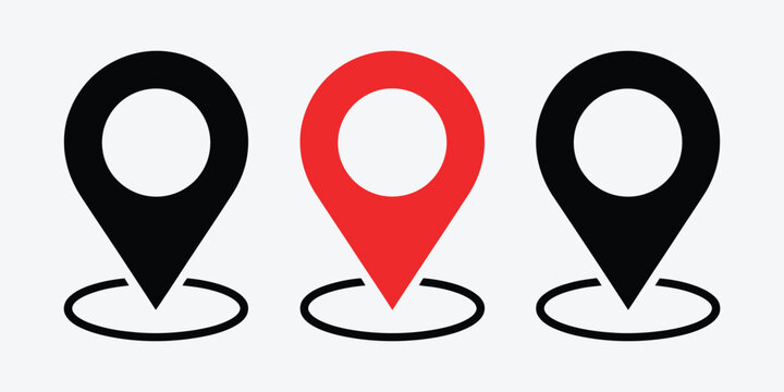 Three location pins black and red map markers set