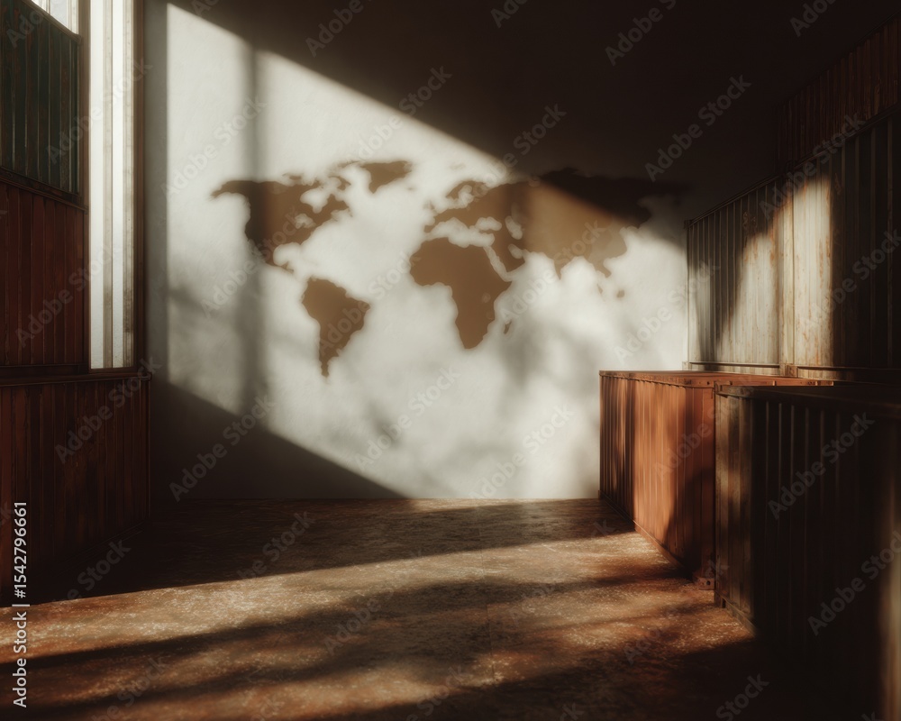 Poster modern shipping logistics concept with cargo containers and world map projection, symbolizing global