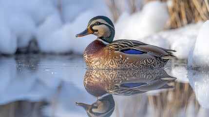 Colorful duck on icy pond with snow-covered banks