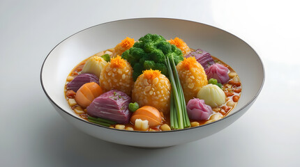 A vibrant and colorful vegetable stew, featuring dumplings and broccoli, artfully arranged in a white bowl.  The dish is visually appealing and suggests a healthy and delicious meal.