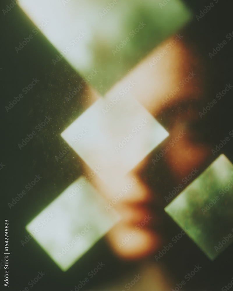 Poster abstract blurred portrait with geometric light squares in soft focus for artistic digital expression