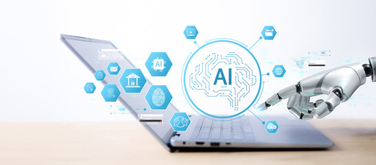 Robotic hand interacting with AI interface on laptop, surrounded by icons for data, security, fingerprint, communication, and cloud. Concept of artificial intelligence technology.