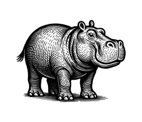 Fototapeta premium Engraving style illustration of a Hippopotamus standing on white background